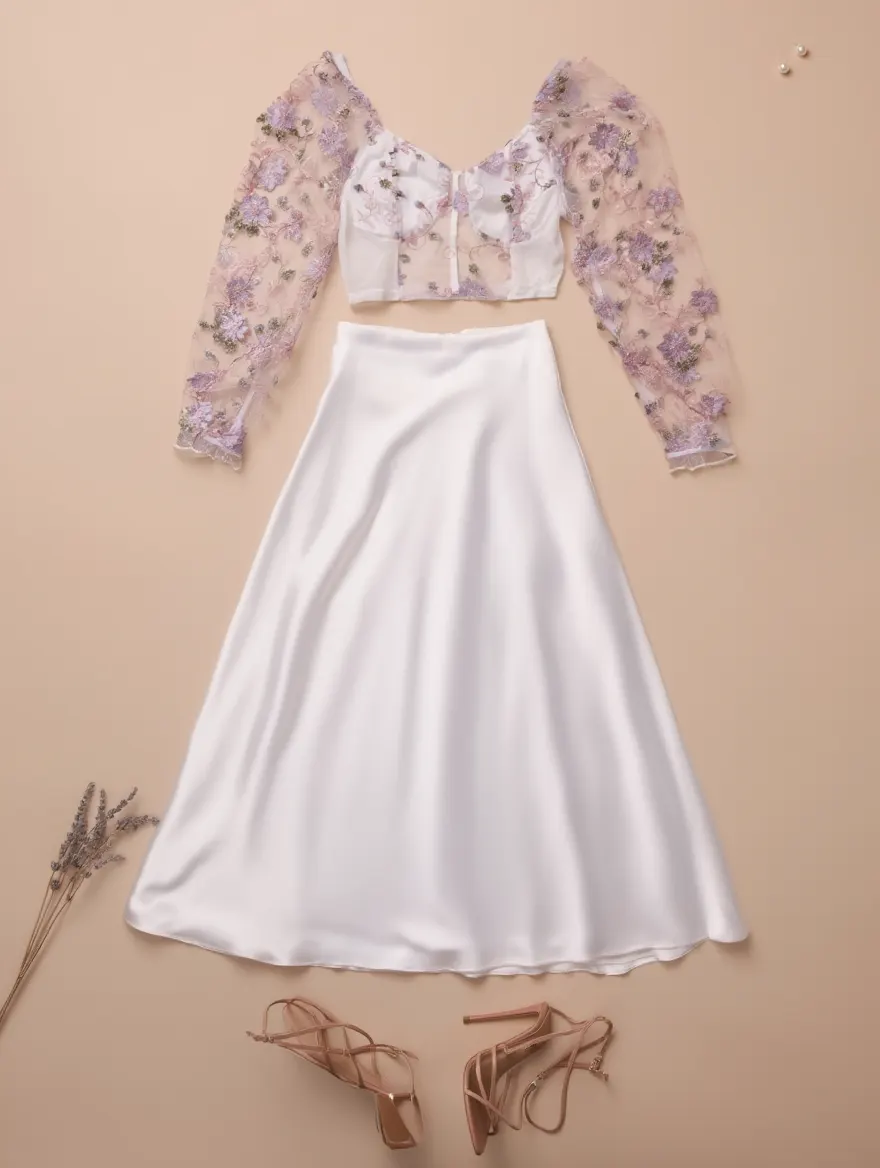 Outfit con Top Blanco de Malla con Bordado Morado. Otras prendas y accesorios no incluidos.