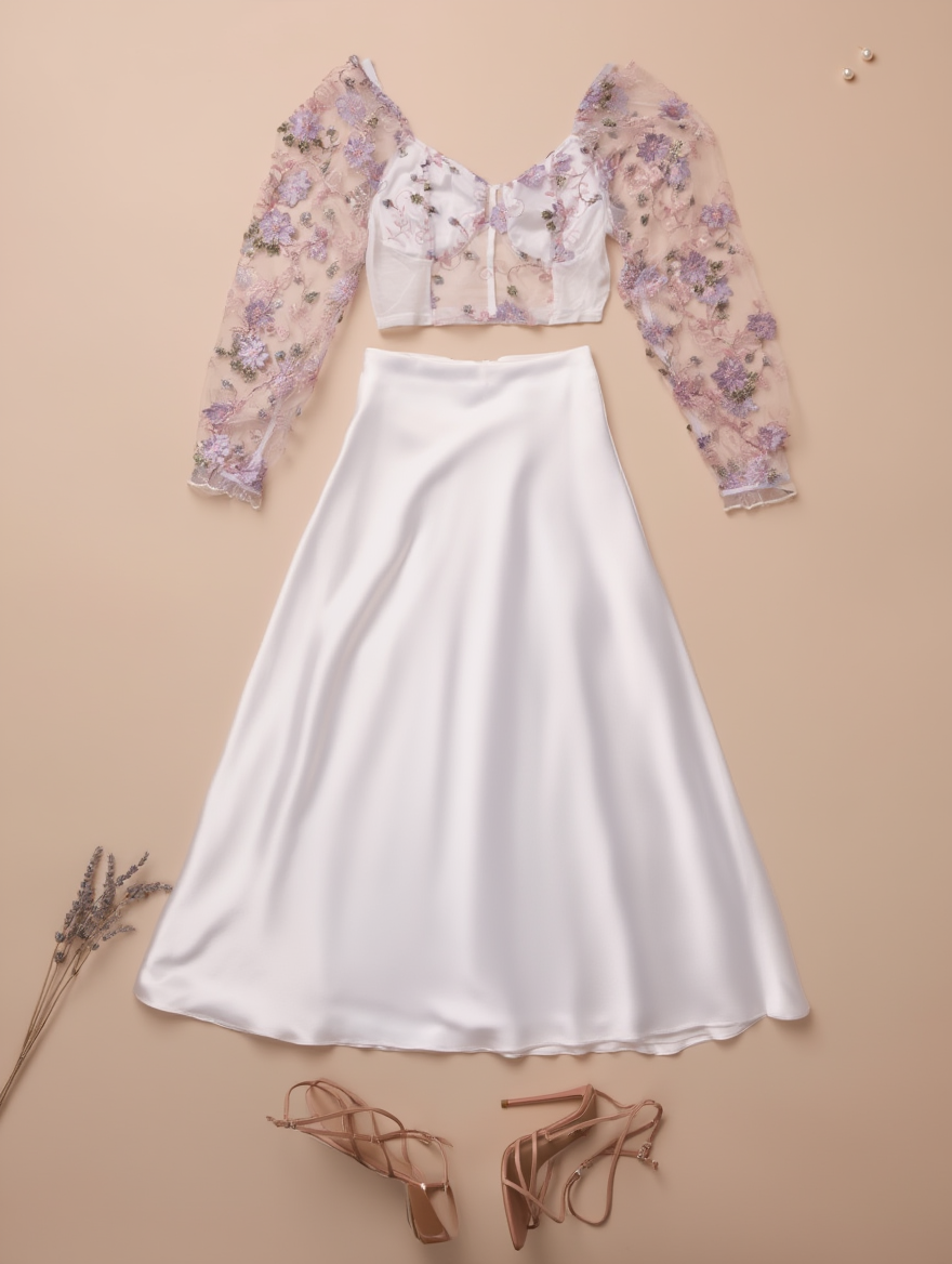 Outfit con Top Blanco de Malla con Bordado Morado. Otras prendas y accesorios no incluidos.