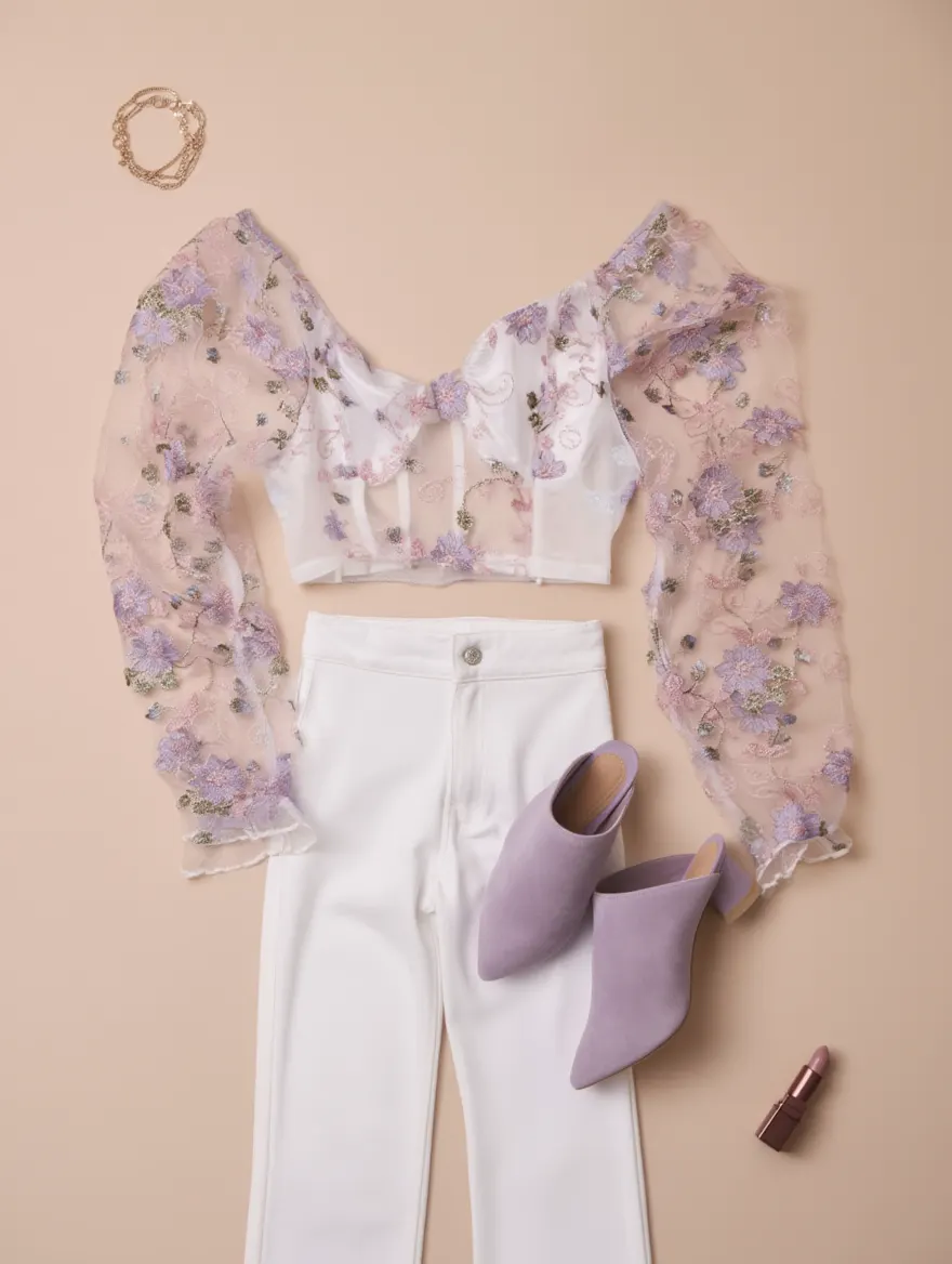 Outfit con Top Blanco de Malla con Bordado Morado. Otras prendas y accesorios no incluidos.