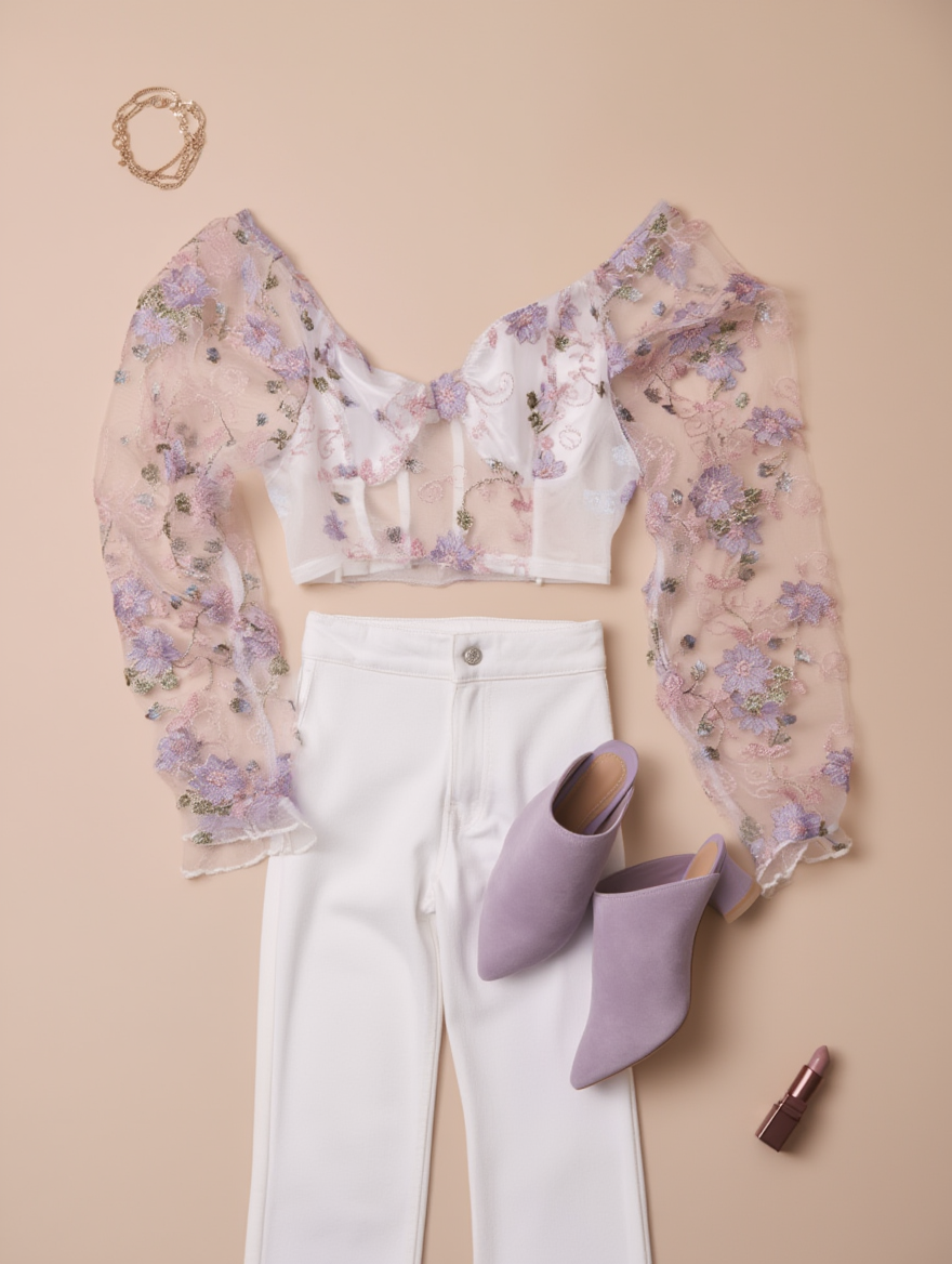 Outfit con Top Blanco de Malla con Bordado Morado. Otras prendas y accesorios no incluidos.
