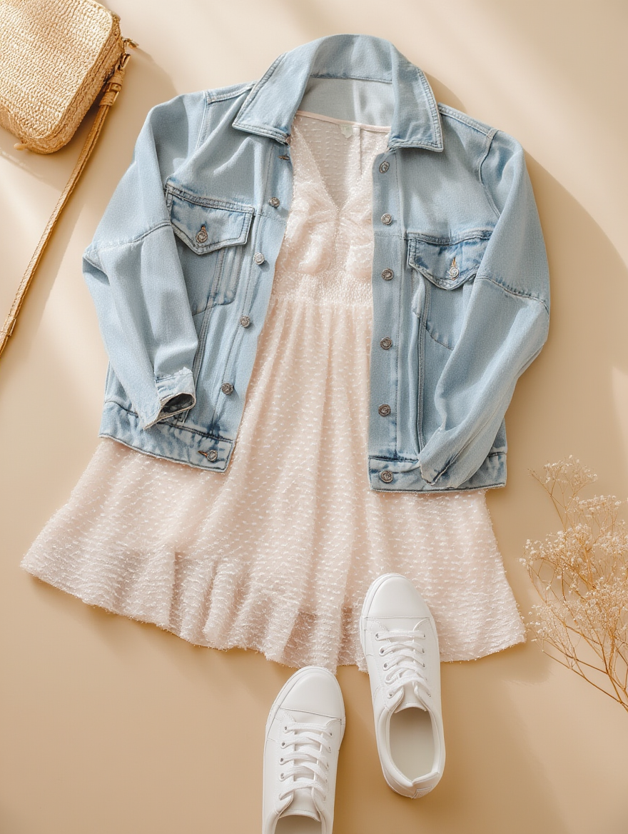 Outfit con Vestido Beige con Mangas Abullonadas. Otras prendas y accesorios no incluidos.