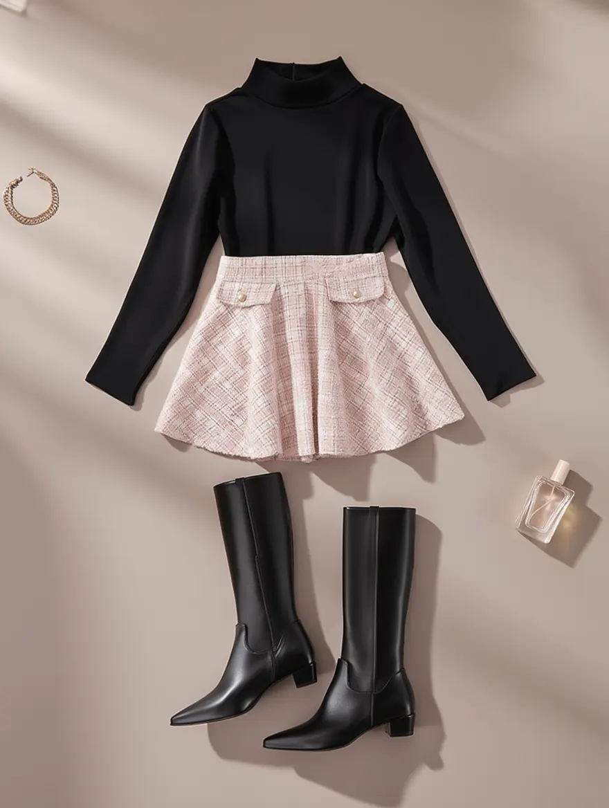 Outfit con Falda Plisada de Tweed con Bolsillos. Otras prendas y accesorios no incluidos.