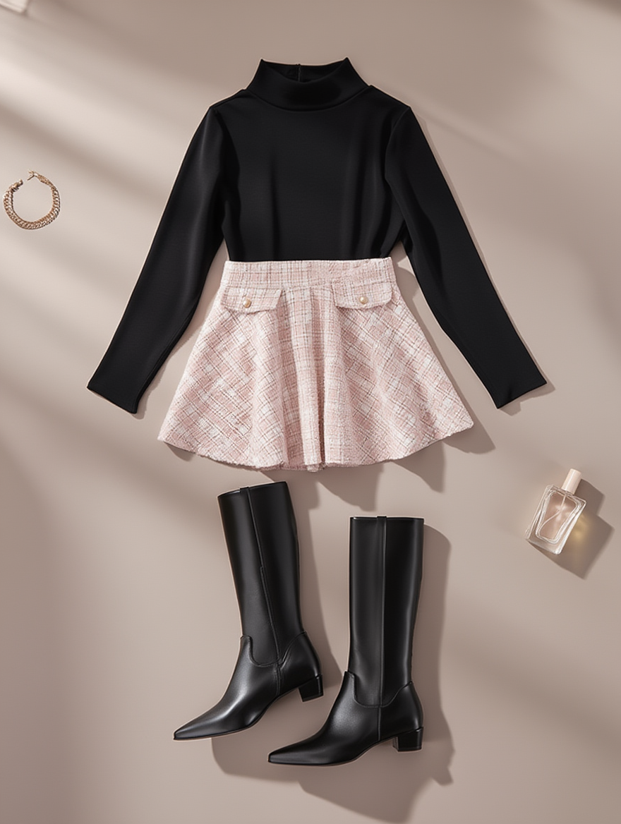 Outfit con Falda Plisada de Tweed con Bolsillos. Otras prendas y accesorios no incluidos.