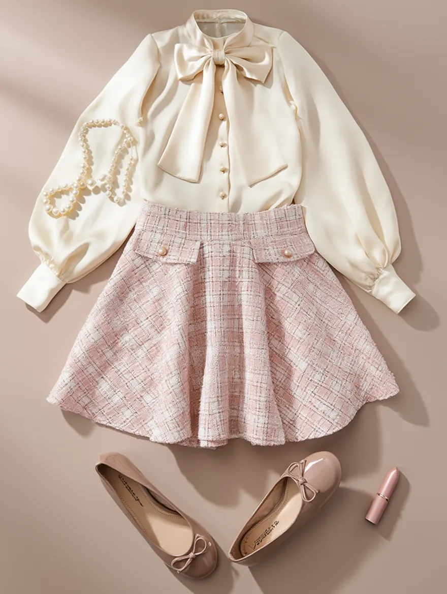 Outfit con Falda Plisada de Tweed con Bolsillos. Otras prendas y accesorios no incluidos.