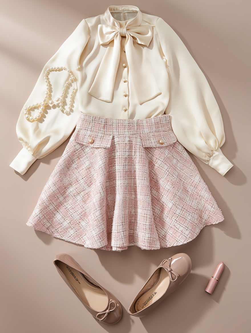 Outfit con Falda Plisada de Tweed con Bolsillos. Otras prendas y accesorios no incluidos.