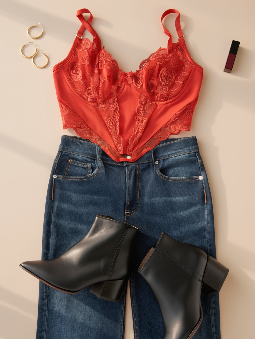 Outfit con Top Corsé Rojo con Encaje Floral. Otras prendas y accesorios no incluidos.