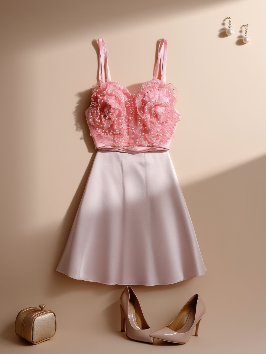Outfit con Bustier Rosa con Tirantes de Perlas. Otras prendas y accesorios no incluidos.