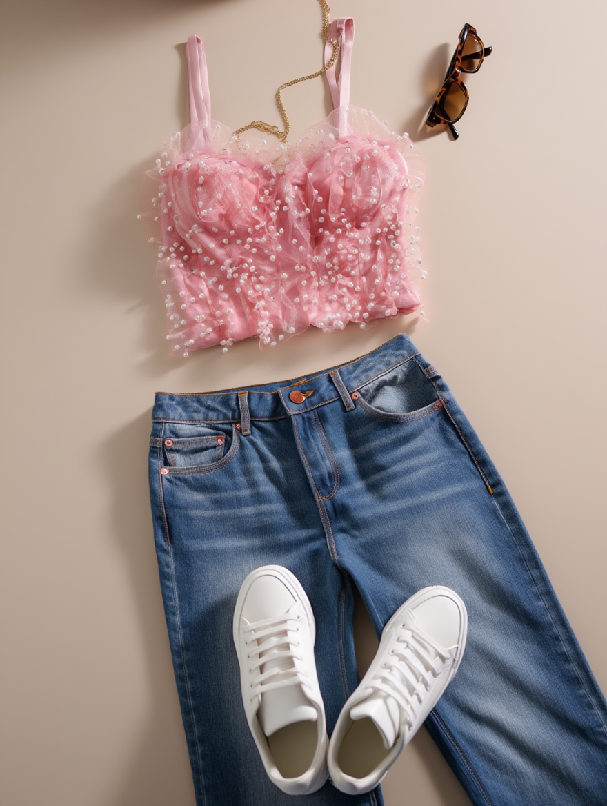 Outfit con Bustier Rosa con Tirantes de Perlas. Otras prendas y accesorios no incluidos.