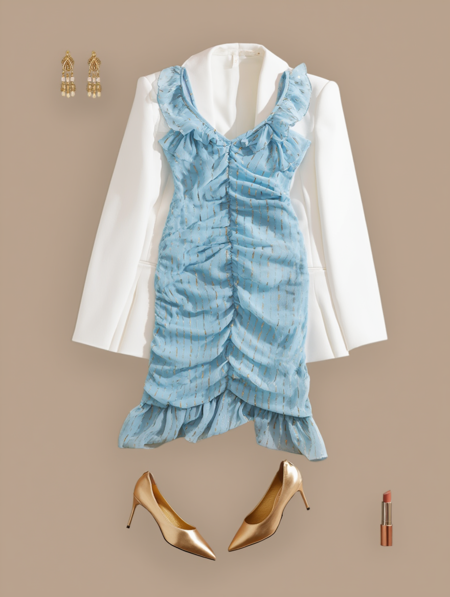 Outfit con Vestido Azul Claro Fruncido. Otras prendas y accesorios no incluidos.