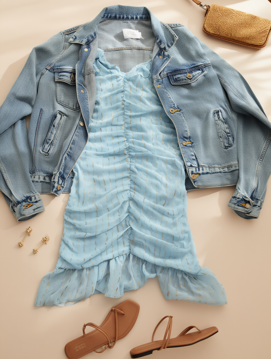 Outfit con Vestido Azul Claro Fruncido. Otras prendas y accesorios no incluidos.