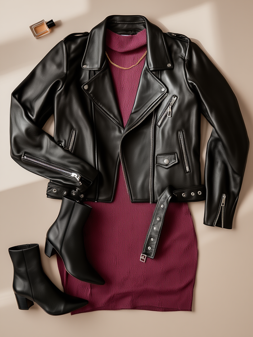 Outfit con Vestido Burdeos de Punto Cuello Alto. Otras prendas y accesorios no incluidos.