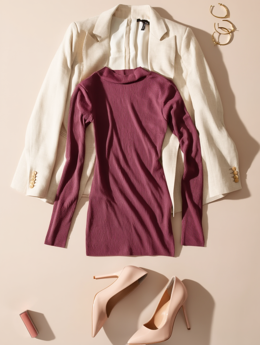 Outfit con Vestido Burdeos de Punto Cuello Alto. Otras prendas y accesorios no incluidos.