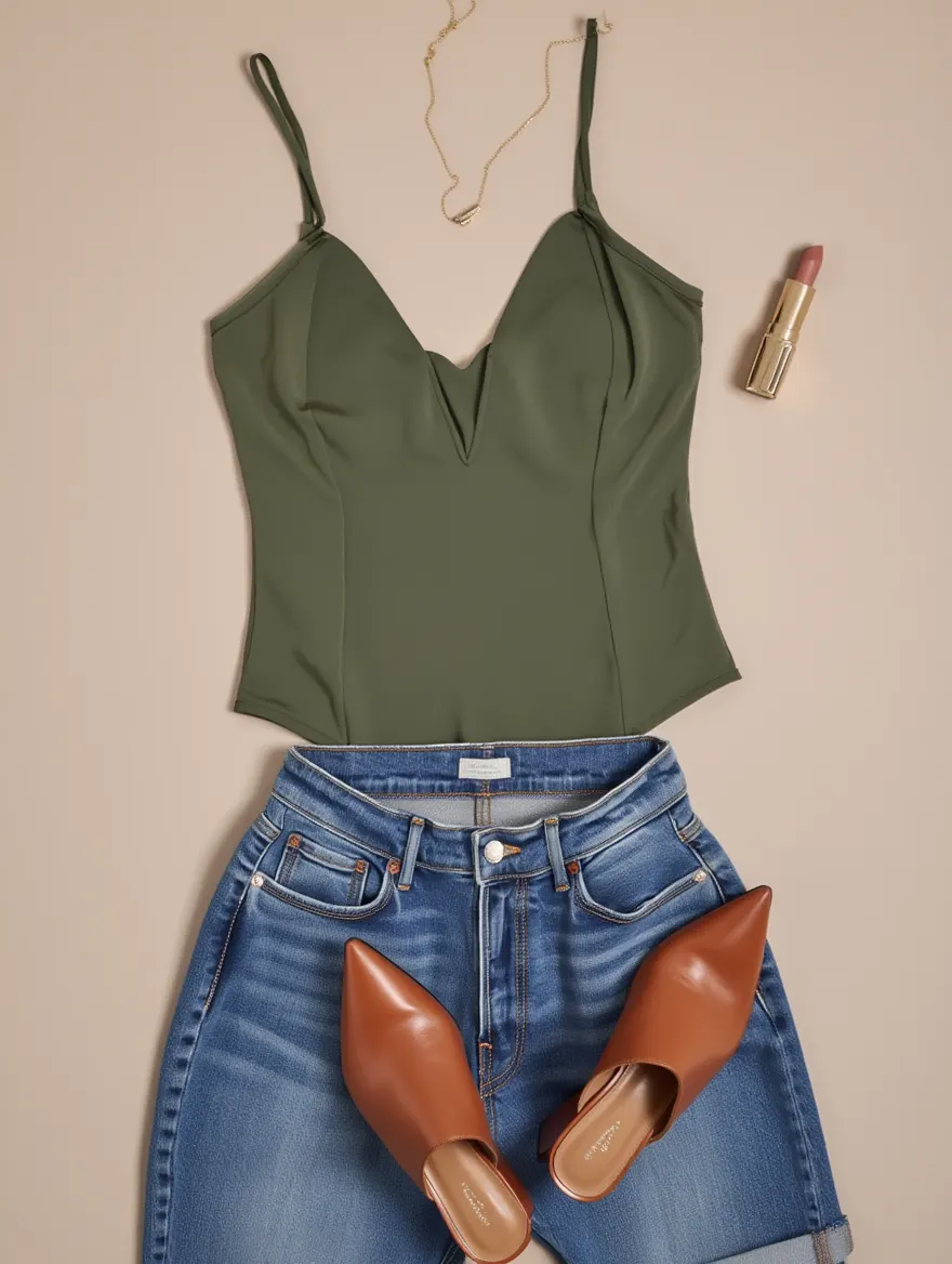Outfit con Body Verde Olivo Escote V. Otras prendas y accesorios no incluidos.