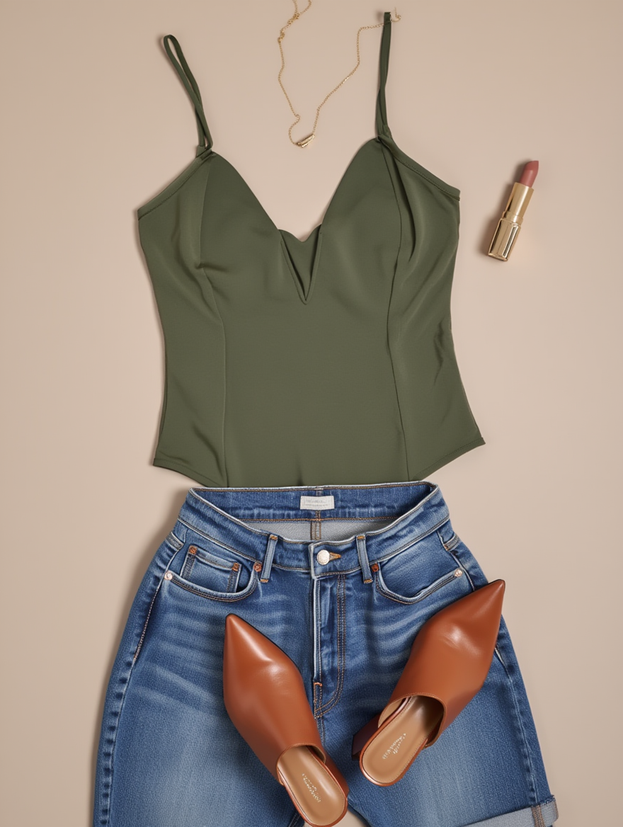 Outfit con Body Verde Olivo Escote V. Otras prendas y accesorios no incluidos.