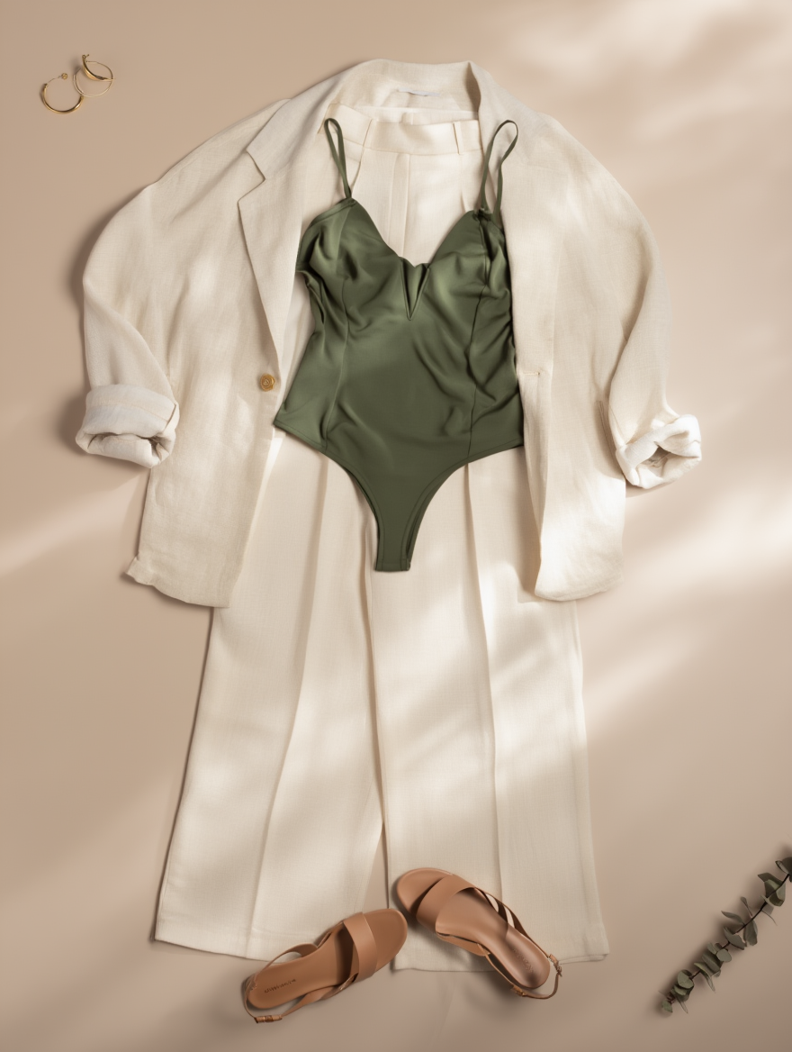 Outfit con Body Verde Olivo Escote V. Otras prendas y accesorios no incluidos.