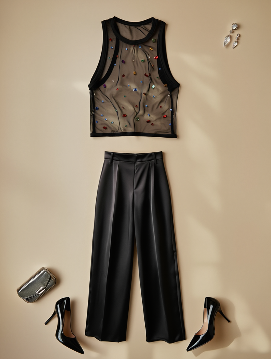 Outfit con Top Transparente con Gemas. Otras prendas y accesorios no incluidos.