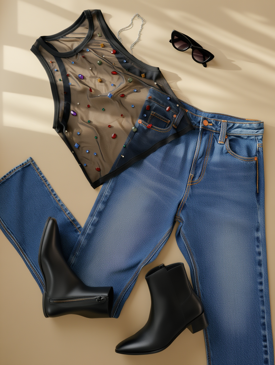 Outfit con Top Transparente con Gemas. Otras prendas y accesorios no incluidos.