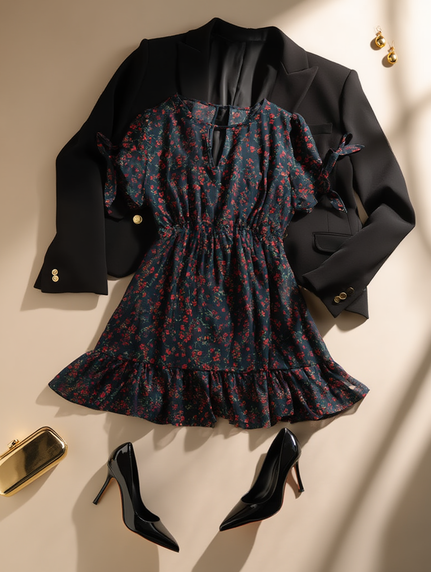 Outfit con Minivestido Negro Floral. Otras prendas y accesorios no incluidos.