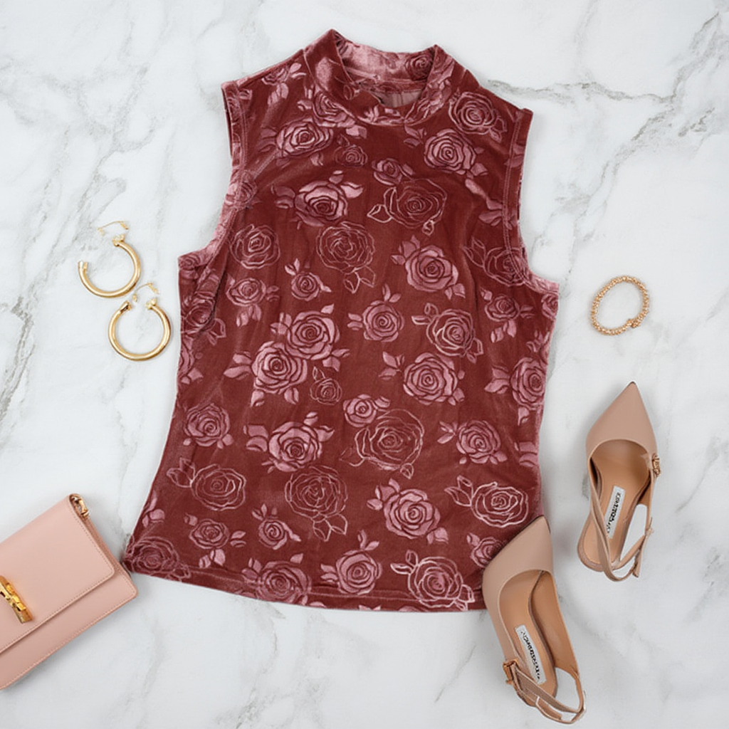 Outfit con Top de Terciopelo Rosa con Patrón de Rosas. Otras prendas y accesorios no incluidos.