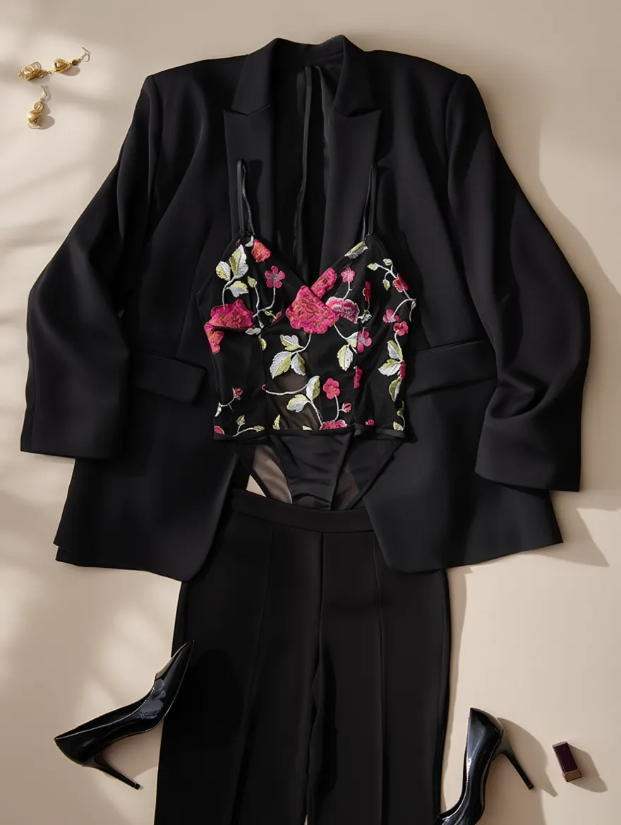 Outfit con Body Negro con Bordado Floral. Otras prendas y accesorios no incluidos.