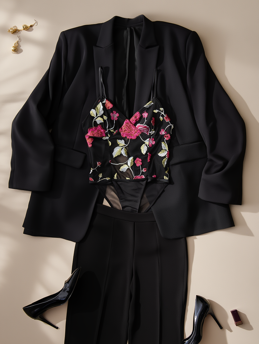 Outfit con Body Negro con Bordado Floral. Otras prendas y accesorios no incluidos.