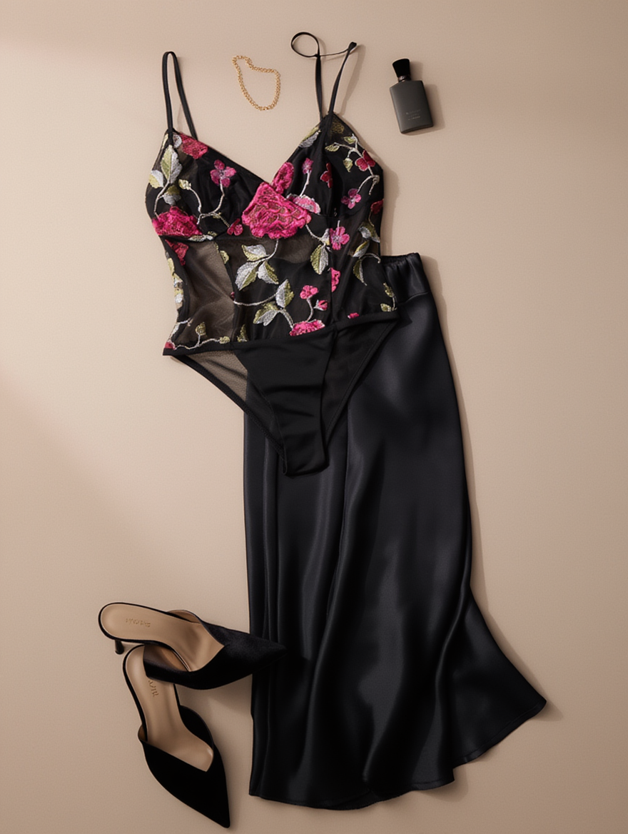Outfit con Body Negro con Bordado Floral. Otras prendas y accesorios no incluidos.