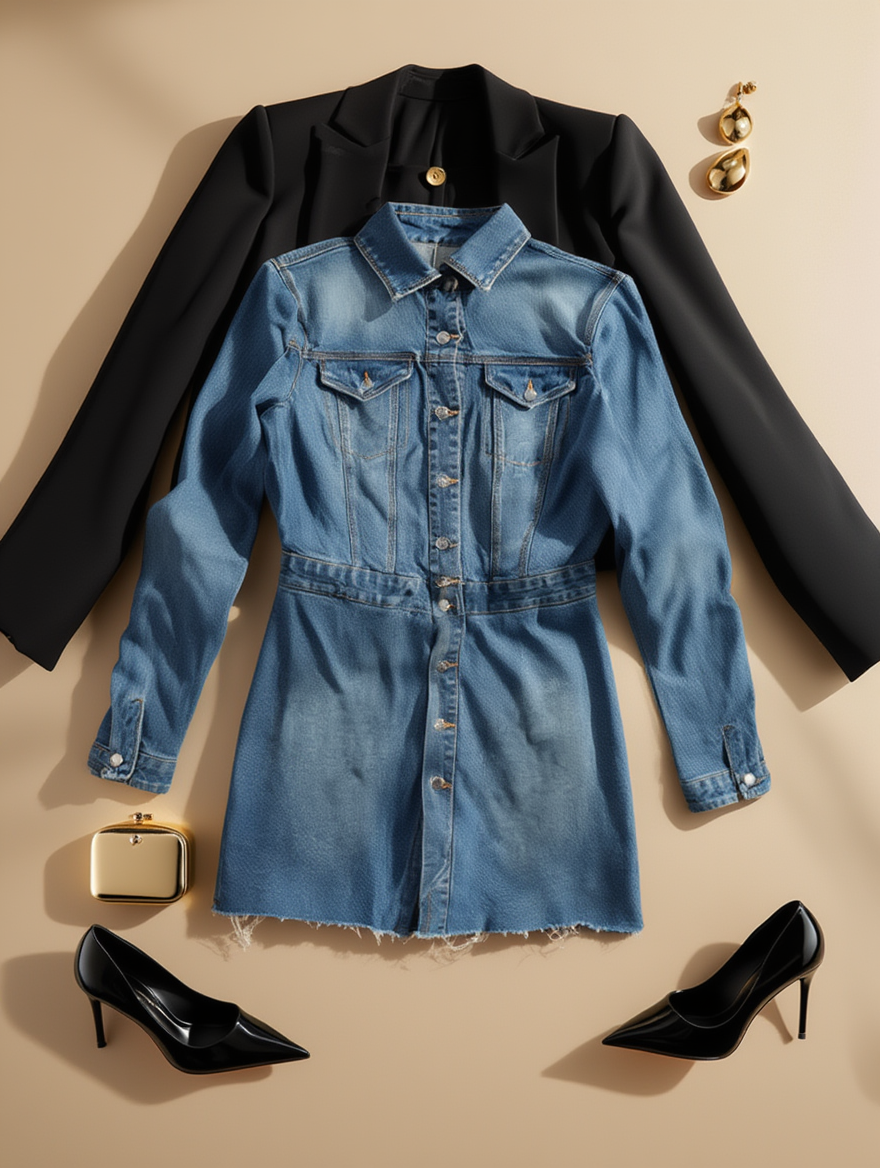 Outfit con Vestido Camisero de Mezclilla. Otras prendas y accesorios no incluidos.