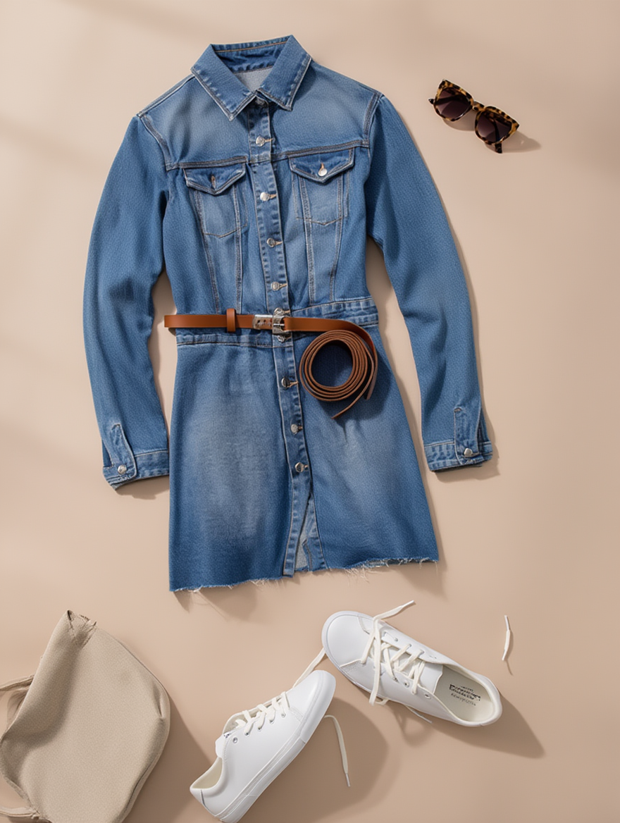 Outfit con Vestido Camisero de Mezclilla. Otras prendas y accesorios no incluidos.