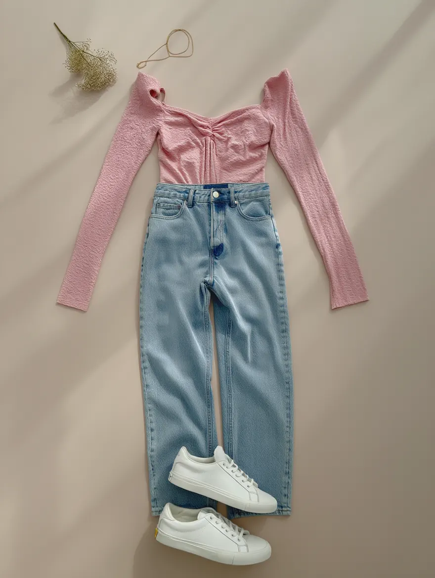 Outfit con Body Rosa Texturizado Manga Larga. Otras prendas y accesorios no incluidos.
