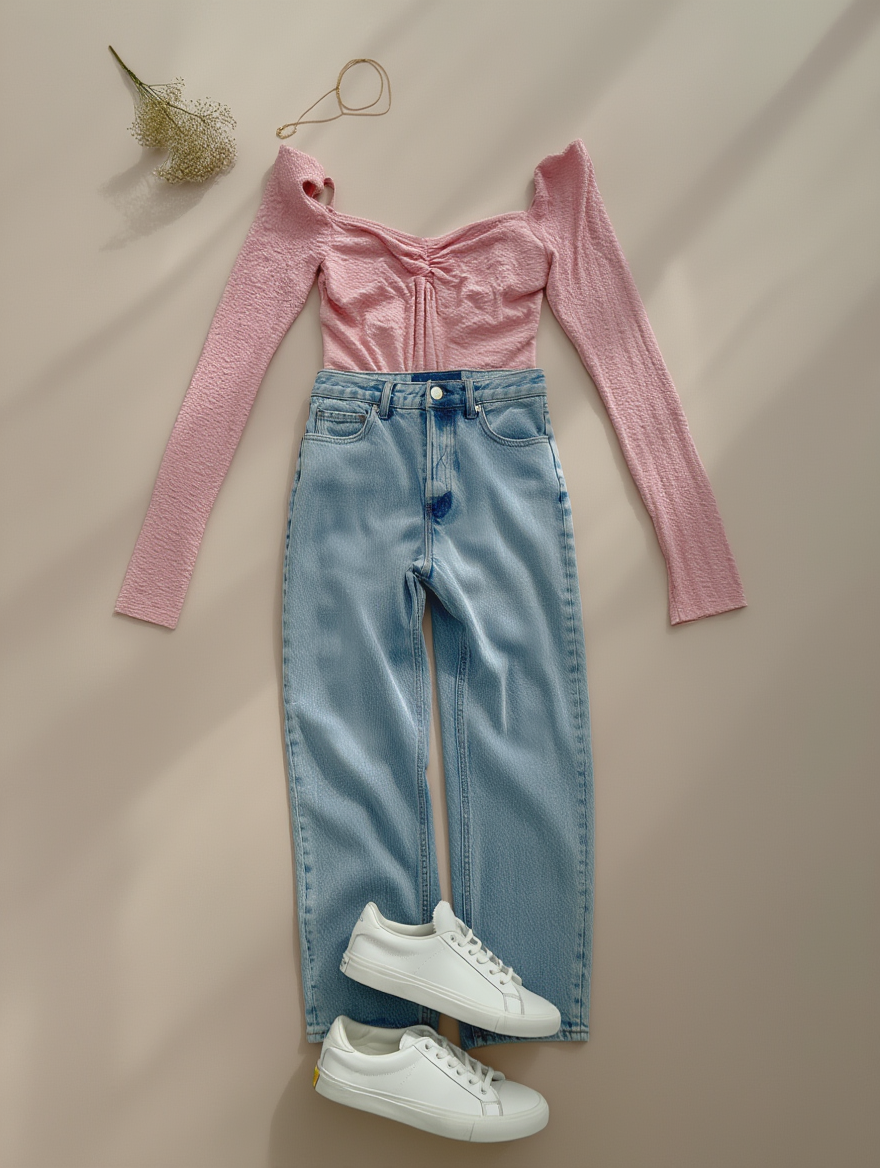 Outfit con Body Rosa Texturizado Manga Larga. Otras prendas y accesorios no incluidos.