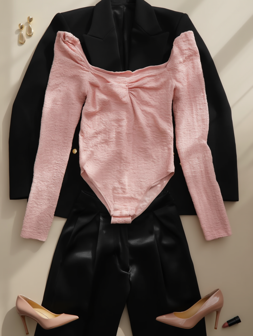 Outfit con Body Rosa Texturizado Manga Larga. Otras prendas y accesorios no incluidos.