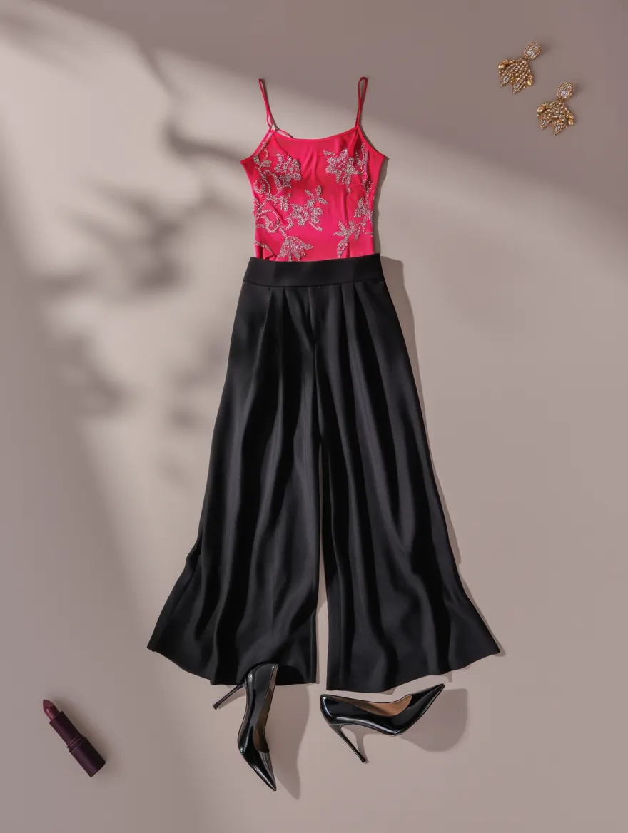 Outfit con Body Rosa Intenso con Pedrería. Otras prendas y accesorios no incluidos.