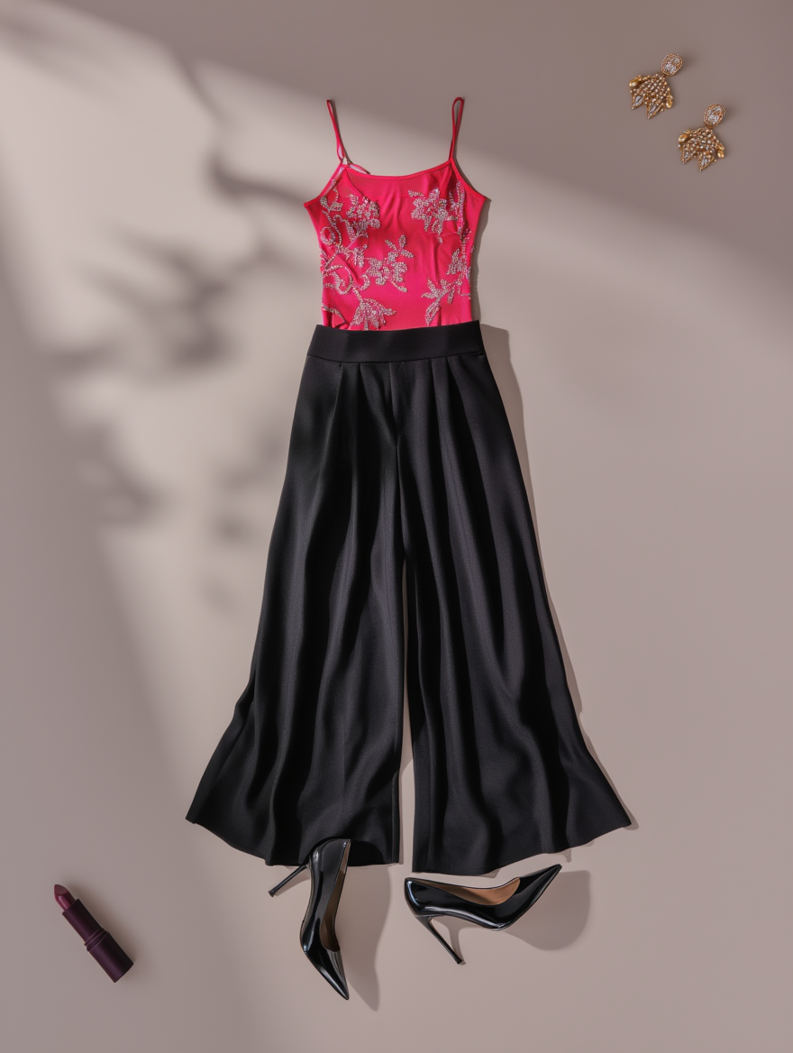 Outfit con Body Rosa Intenso con Pedrería. Otras prendas y accesorios no incluidos.