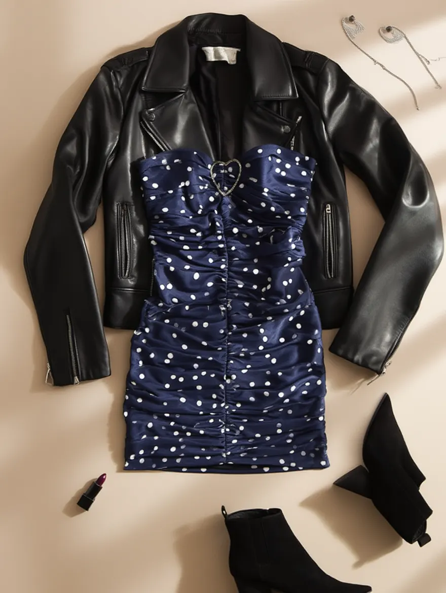 Outfit con Vestido Azul Marino con Lunares. Otras prendas y accesorios no incluidos.