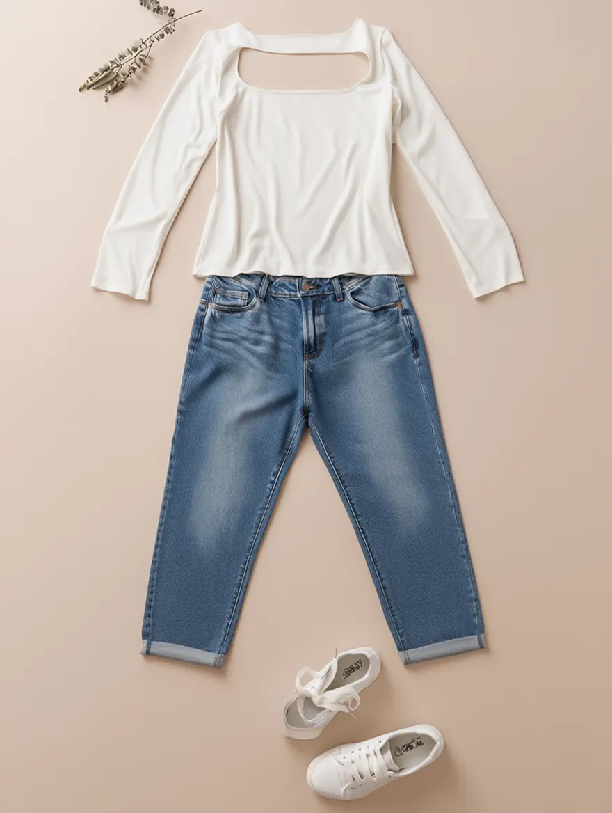 Outfit con Blusa Blanca Acanalada con Recorte. Otras prendas y accesorios no incluidos.