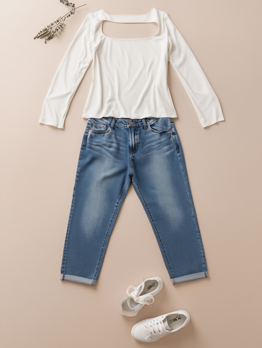 Outfit con Blusa Blanca Acanalada con Recorte. Otras prendas y accesorios no incluidos.