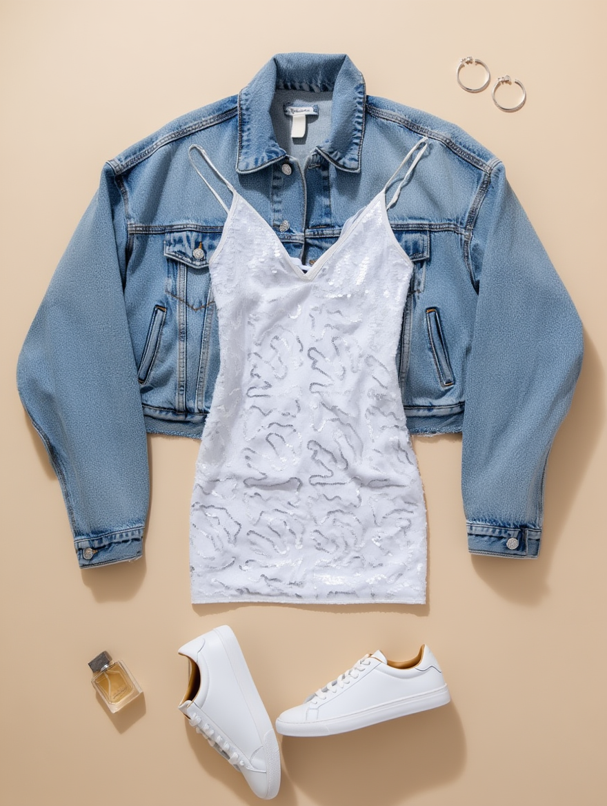 Outfit con Vestido Blanco Texturizado de Encaje. Otras prendas y accesorios no incluidos.