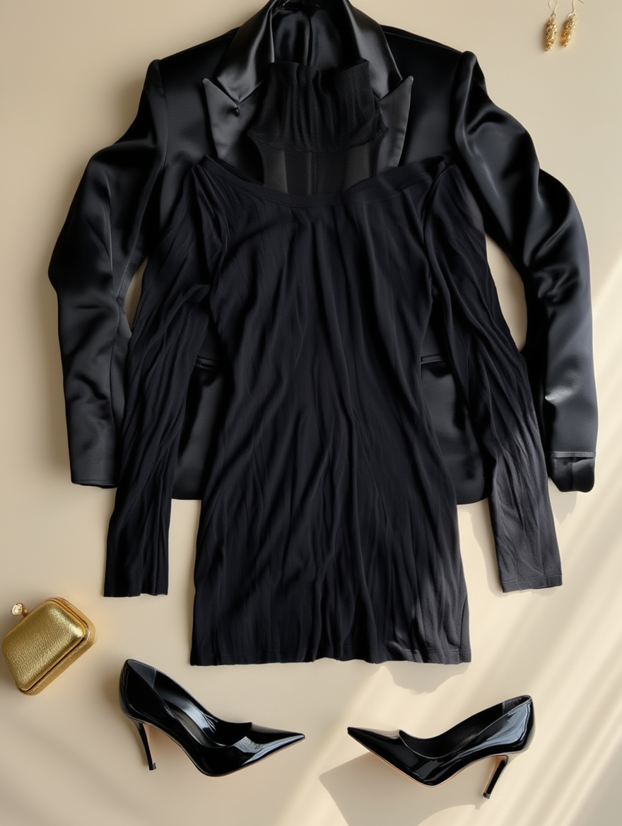 Outfit con Vestido Negro con Cuello de Malla. Otras prendas y accesorios no incluidos.