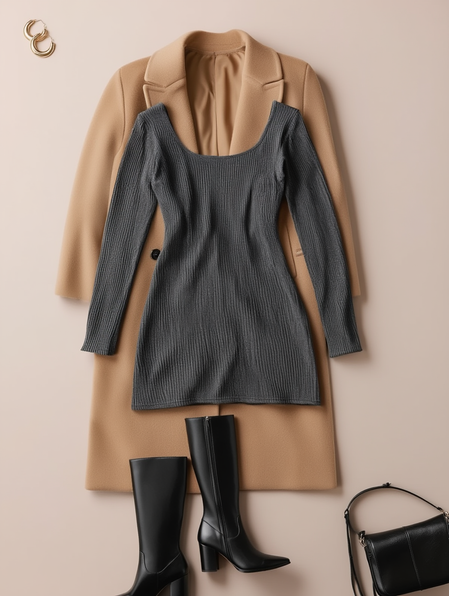 Outfit con Vestido Gris de Punto Escote Cuadrado. Otras prendas y accesorios no incluidos.