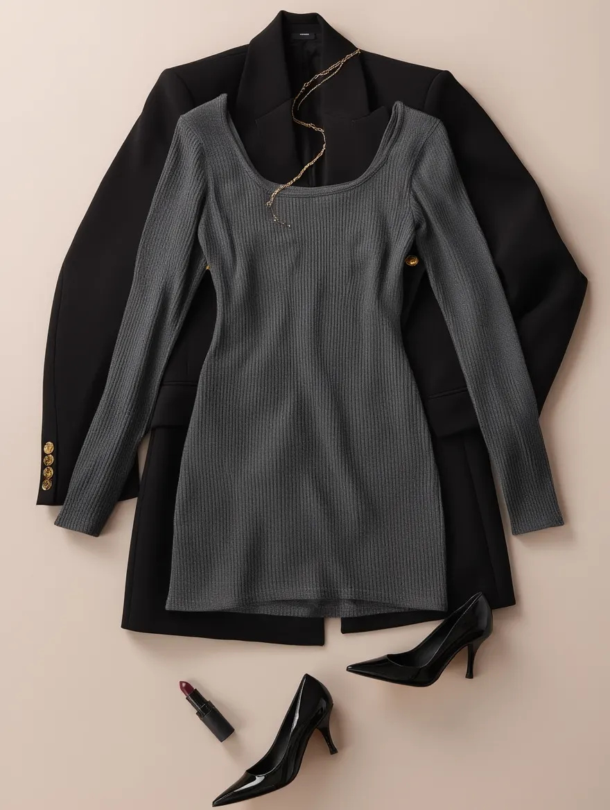 Outfit con Vestido Gris de Punto Escote Cuadrado. Otras prendas y accesorios no incluidos.