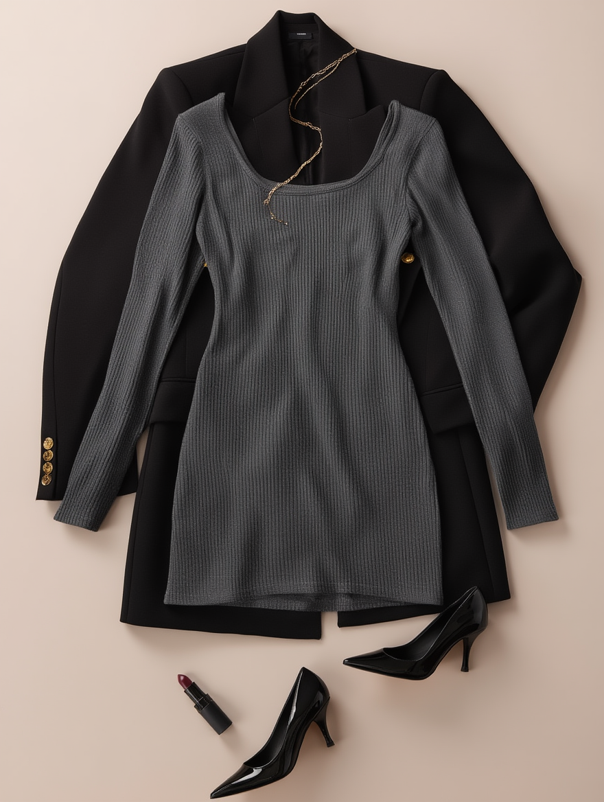Outfit con Vestido Gris de Punto Escote Cuadrado. Otras prendas y accesorios no incluidos.