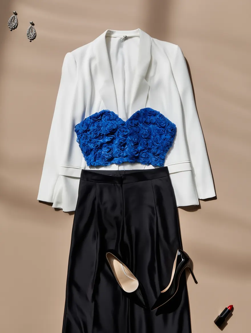 Outfit con Bustier con Aplicación de Rosas Azules. Otras prendas y accesorios no incluidos.