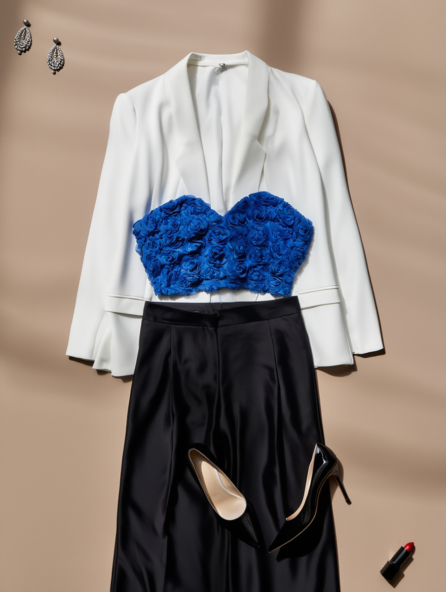 Outfit con Bustier con Aplicación de Rosas Azules. Otras prendas y accesorios no incluidos.