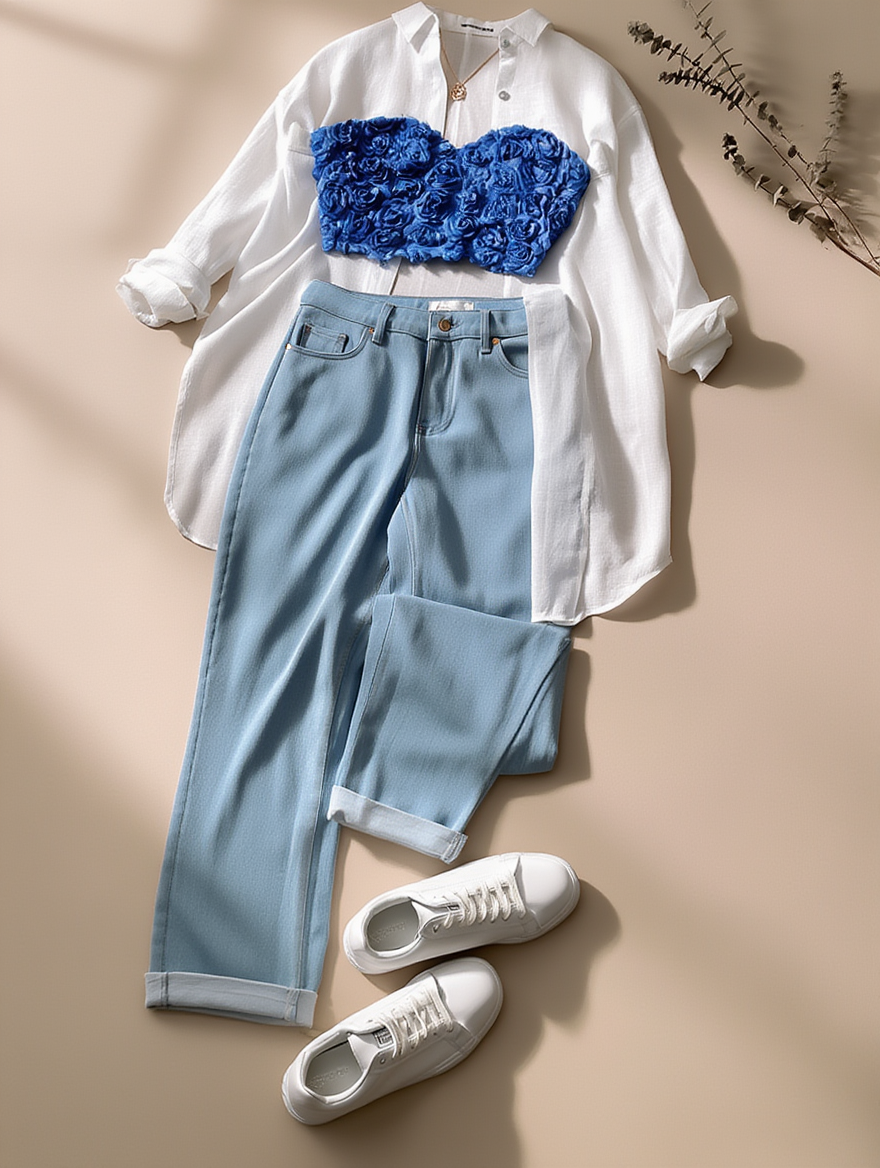 Outfit con Bustier con Aplicación de Rosas Azules. Otras prendas y accesorios no incluidos.