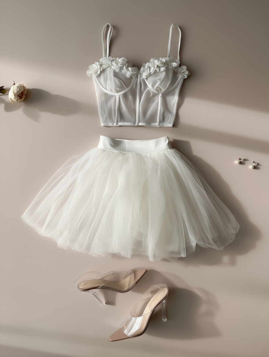Outfit con Top Blanco Floral. Otras prendas y accesorios no incluidos.