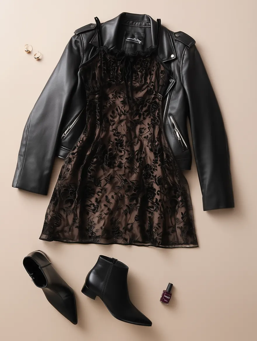 Outfit con Vestido de Terciopelo Floral. Otras prendas y accesorios no incluidos.