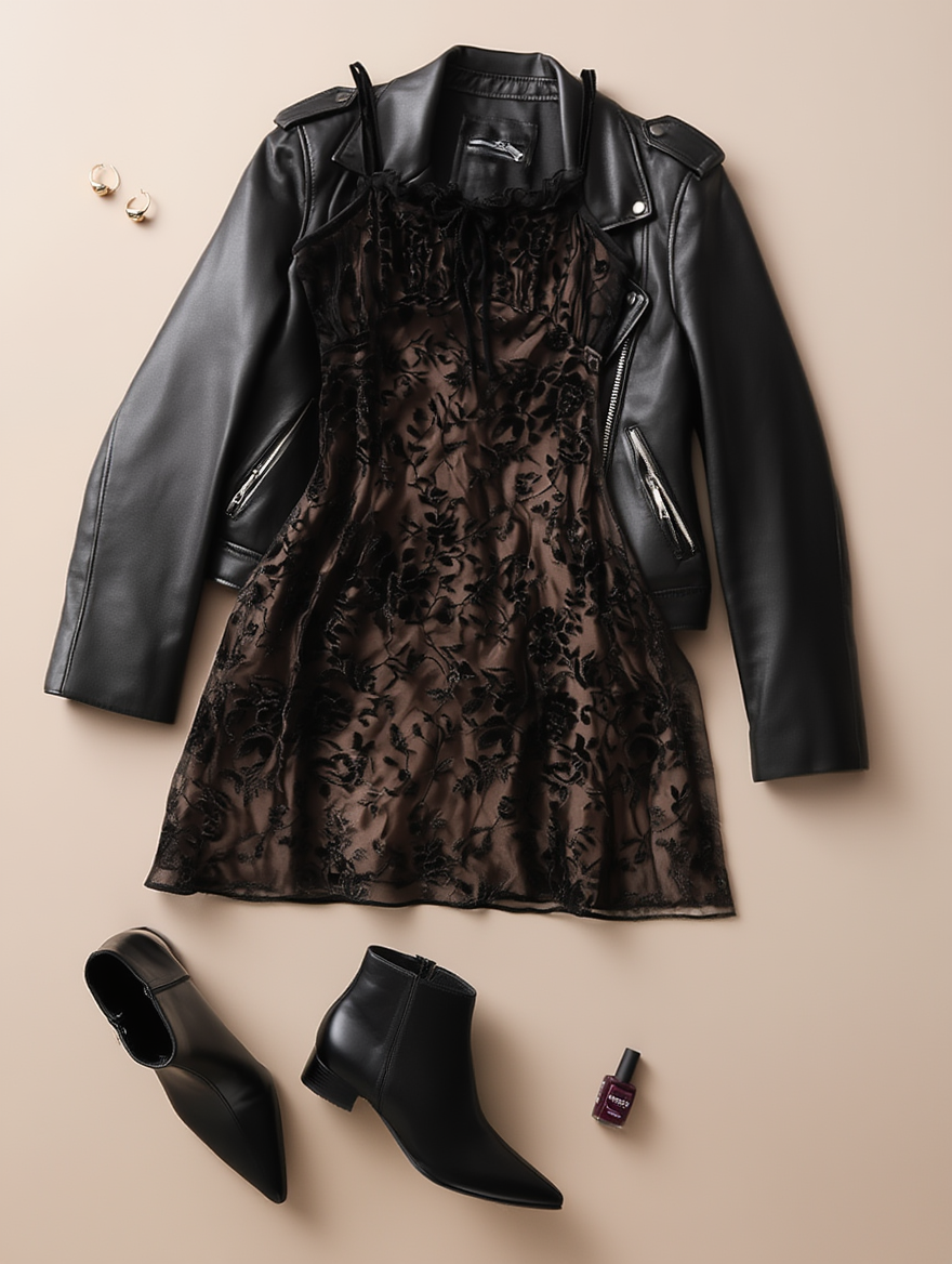 Outfit con Vestido de Terciopelo Floral. Otras prendas y accesorios no incluidos.