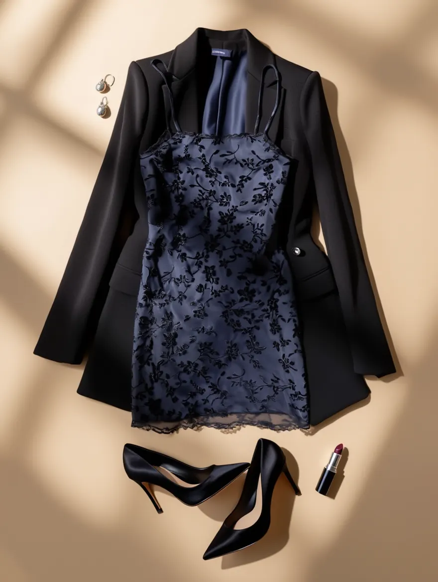 Outfit con Vestido Azul Floral. Otras prendas y accesorios no incluidos.