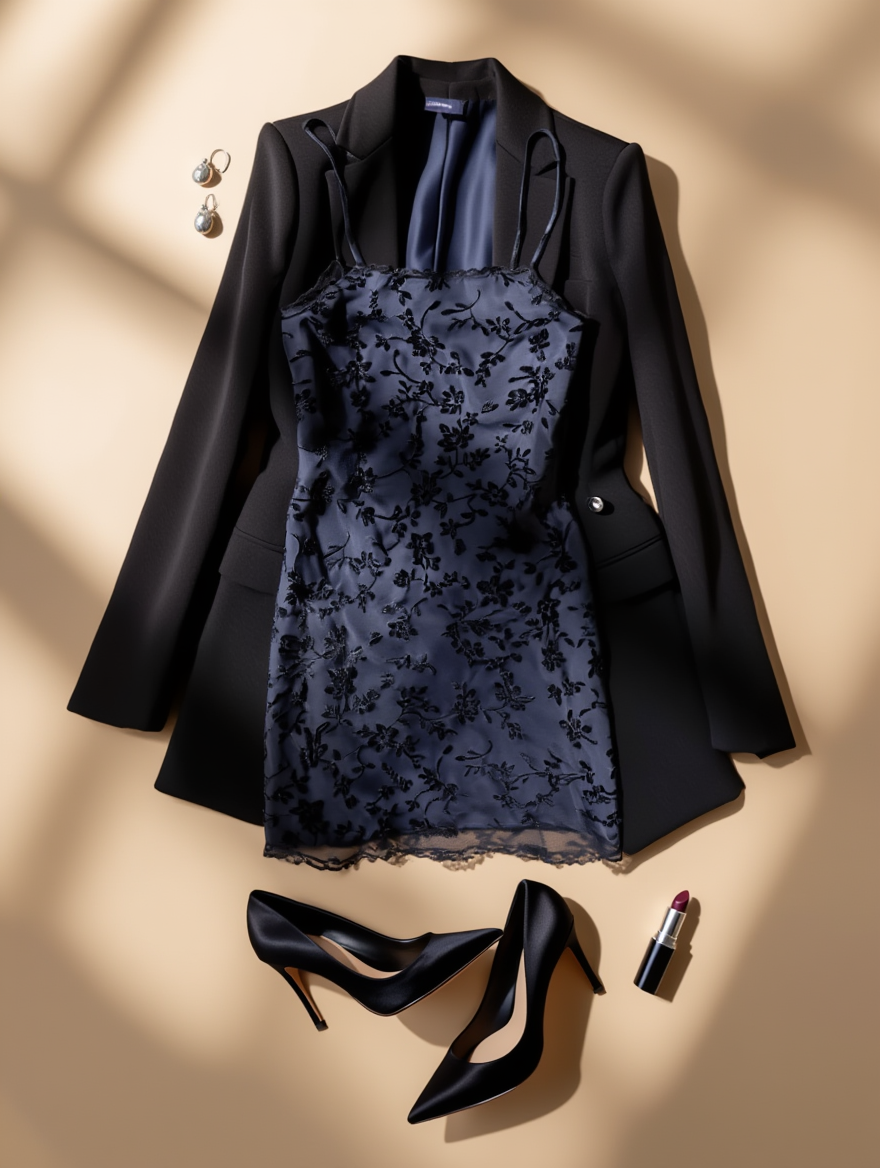 Outfit con Vestido Azul Floral. Otras prendas y accesorios no incluidos.