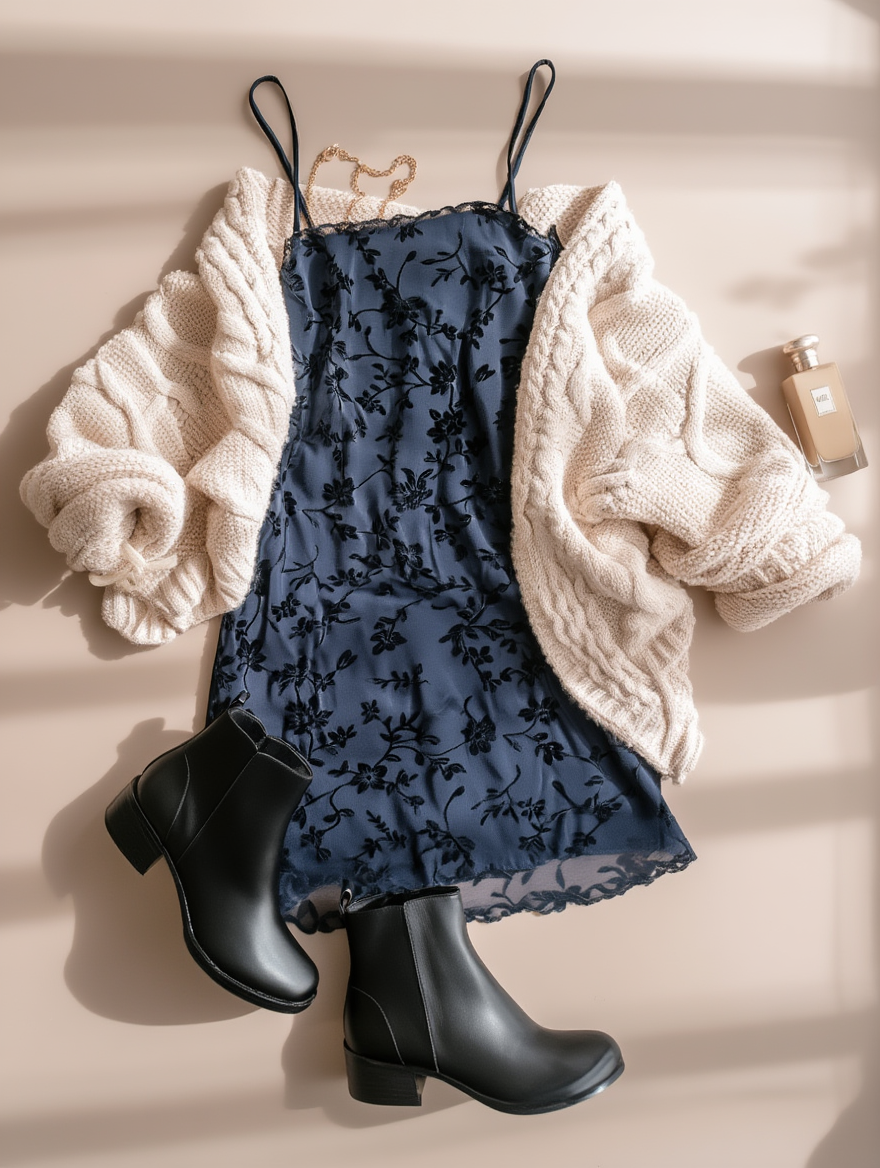 Outfit con Vestido Azul Floral. Otras prendas y accesorios no incluidos.